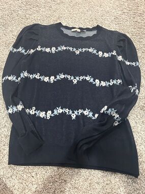 LOFT Navy Floral Stripe Knit Sweater Top